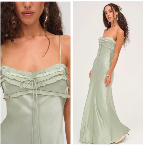 For Love And Lemons Dresses & Skirts - NWT For Love & Lemons Natalie Maxi Dress – Desert Sage Silk Slip Dress SIZE:MED